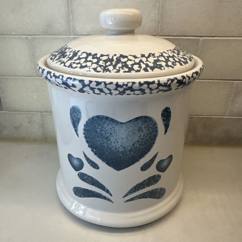 Vintage Blue Heart Spongeware "7.5 Canister Ceramic Farmhouse